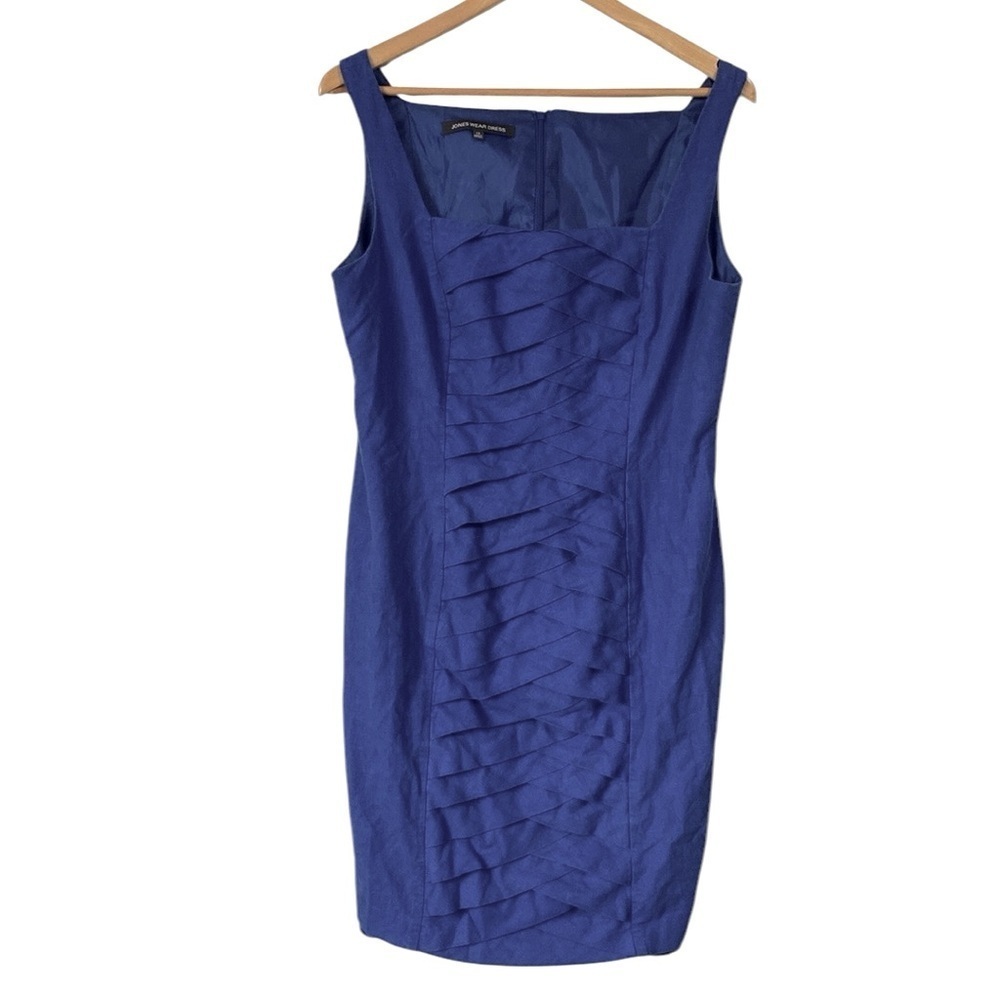 Jones Wear Dress linen blend pleated detail front career dress size 14 blue